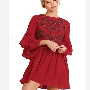 Umgee Red Embroidered Bell-Sleeve Mini Dress